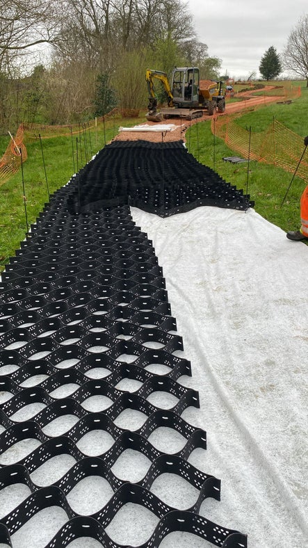 Geocell cellular system laid out during the construction of the Perimeter Path, A la Ronde, Devon